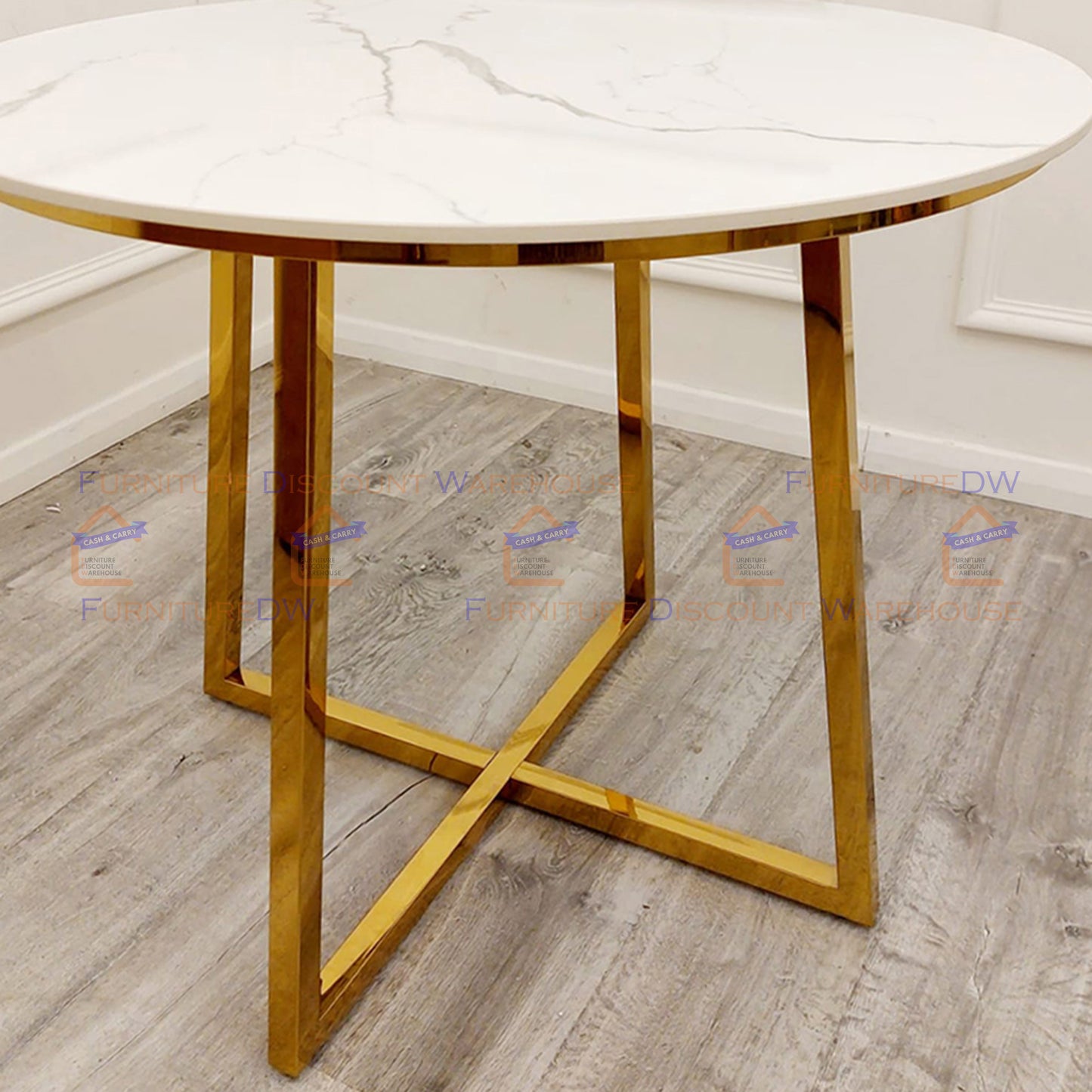 Juno Gold Round Dining Table 90cm - Polar White Sintered Stone Top