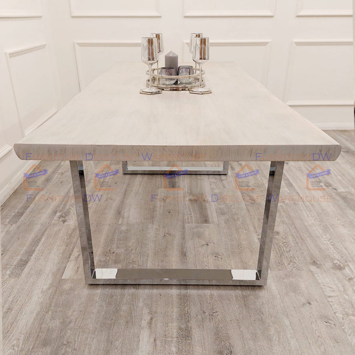 Freya Dining Table 1.8m - Solid Light Pine Wood Slimline with Chrome Metal Legs