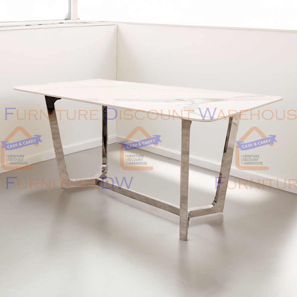 Lucien Chrome Dining Table 1.6m | Polar White Sintered Stone Top
