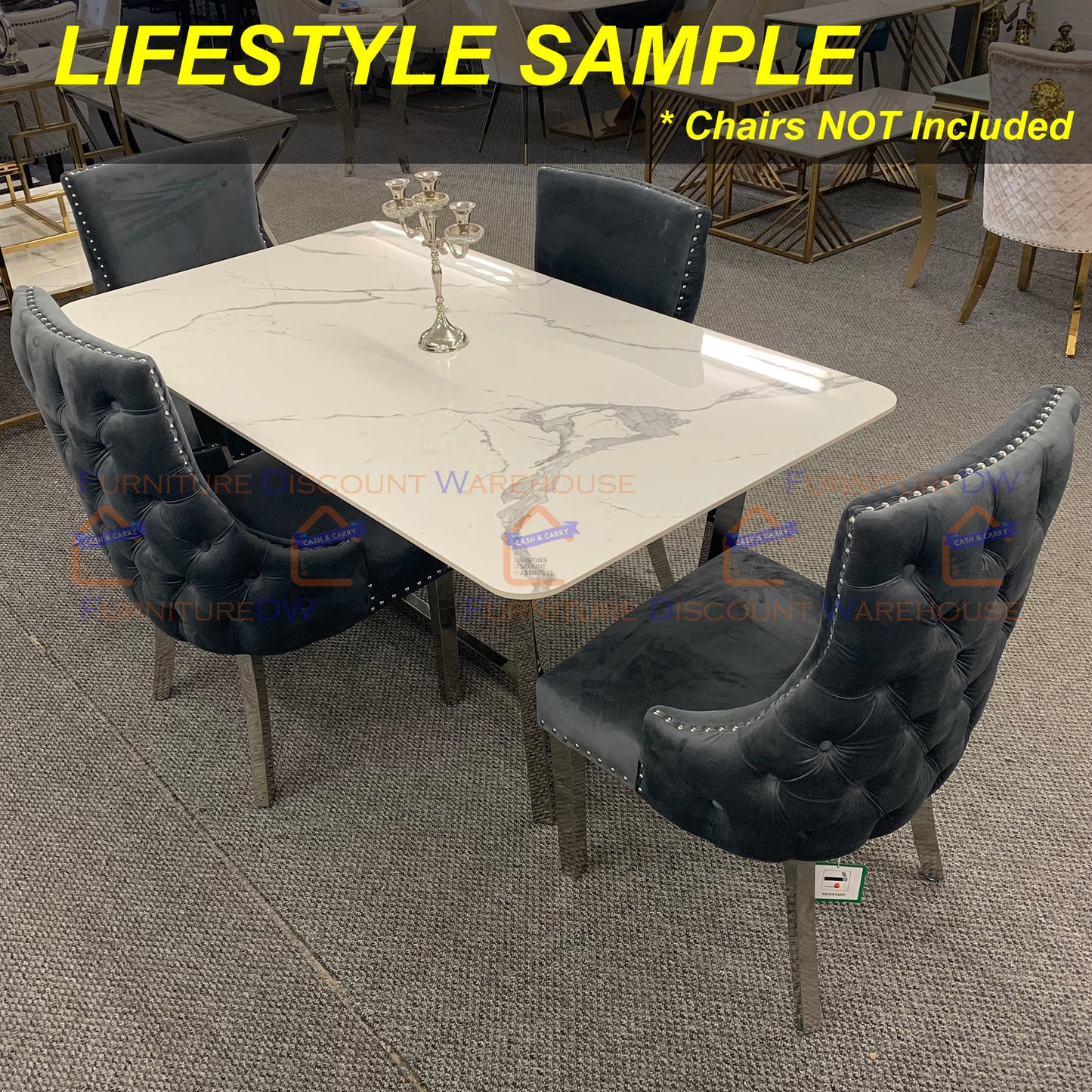 Lucien Chrome Dining Table 1.6m | Polar White Sintered Stone Top