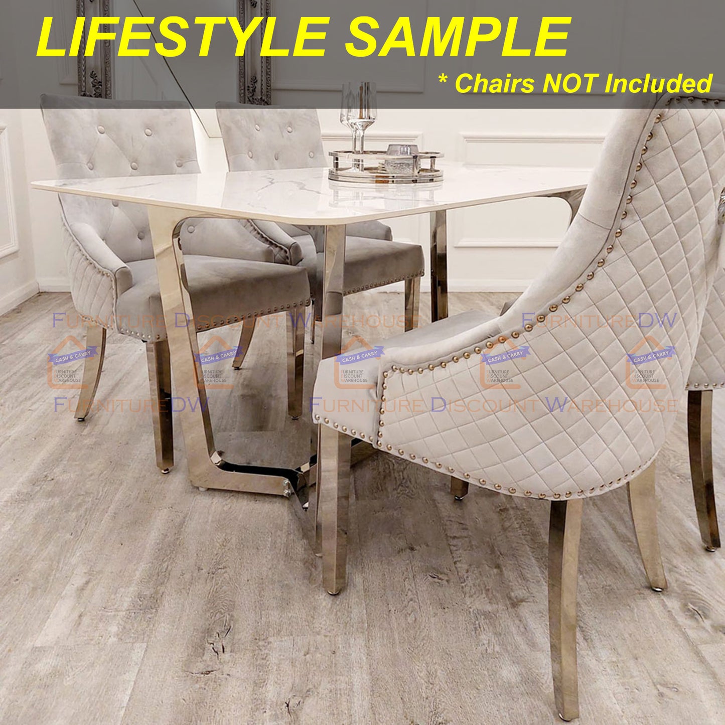 Lucien Chrome Dining Table 1.6m | Polar White Sintered Stone Top