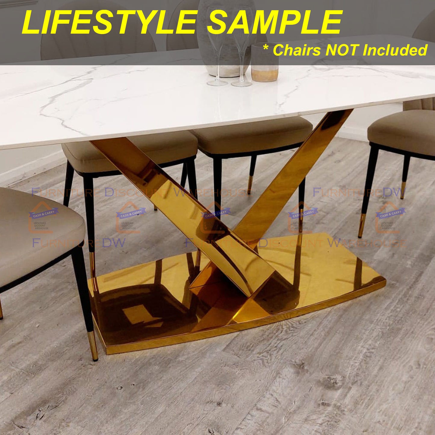 Valeo Gold Slimline Dining Table 1.8m - Polar White Sintered Stone Top