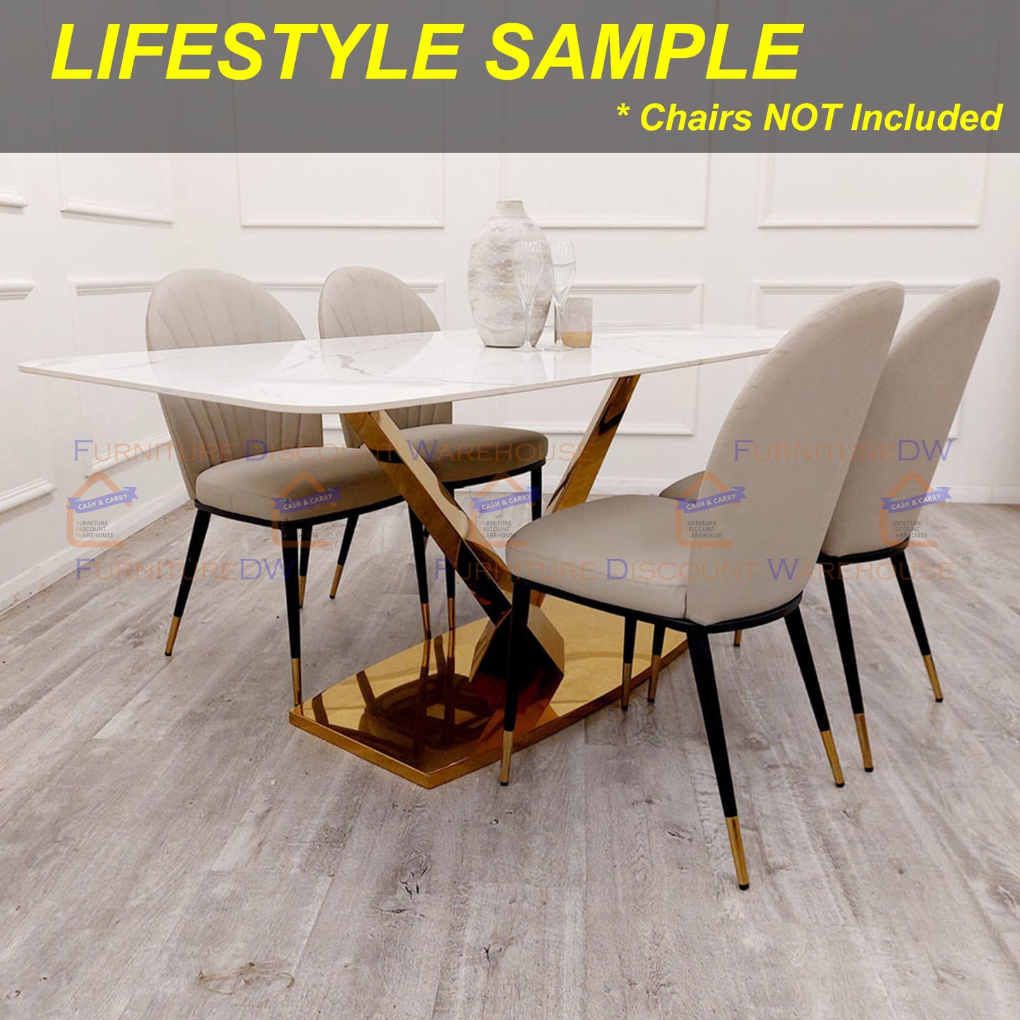 Valeo Gold Slimline Dining Table 1.8m - Polar White Sintered Stone Top