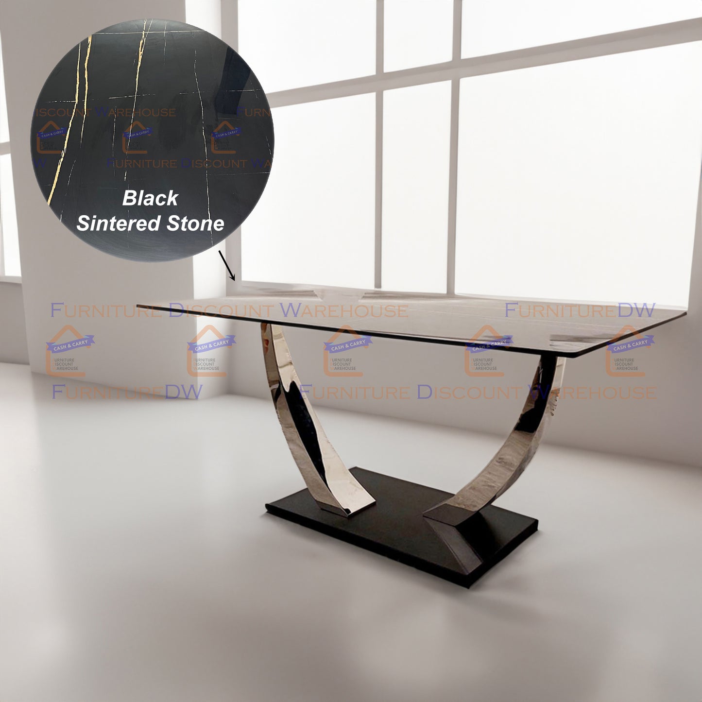 Venus Chrome Dining Table 1.6m - Black Sintered Stone Top