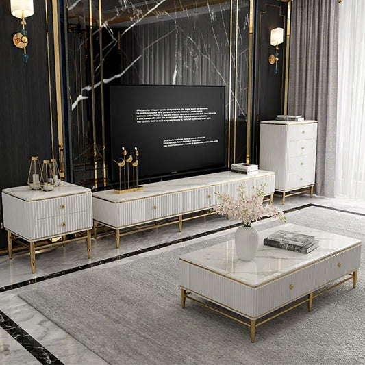 Edena Ribbed Furniture Range - White & Gold Coffee Table | Dresser Unit | Sideboard | TV Stand