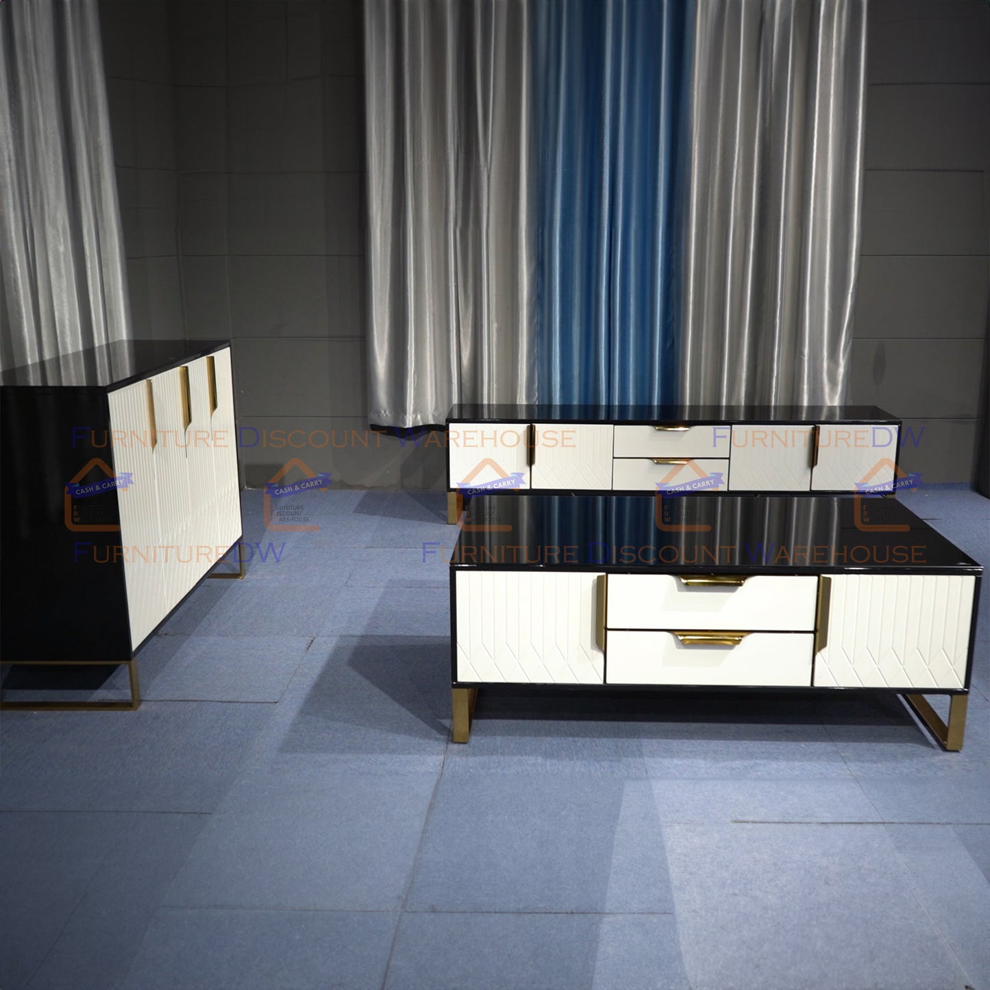 Amal Ribbed Furniture Range - Black, White & Gold Coffee Table | Sideboard Unit