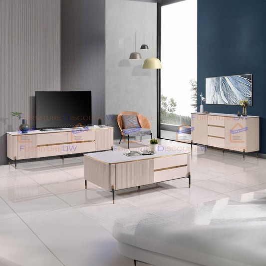 Bella Ribbed Furniture Range - White & Gold Coffee Table | Sideboard Unit | TV Stand | Wine Cabinet