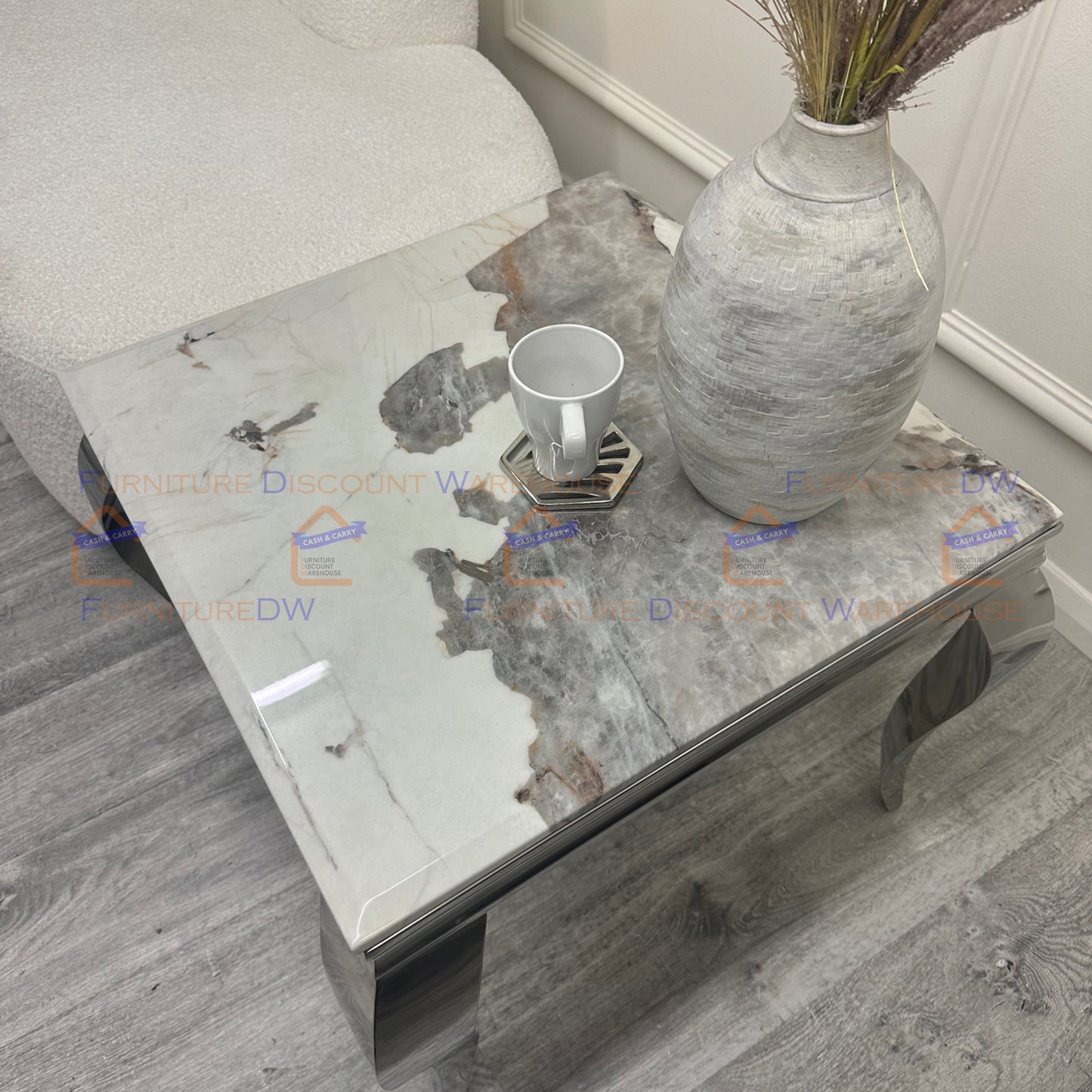 Louis Chrome Lamp Table 60cm - Marble | Tempered Glass Top