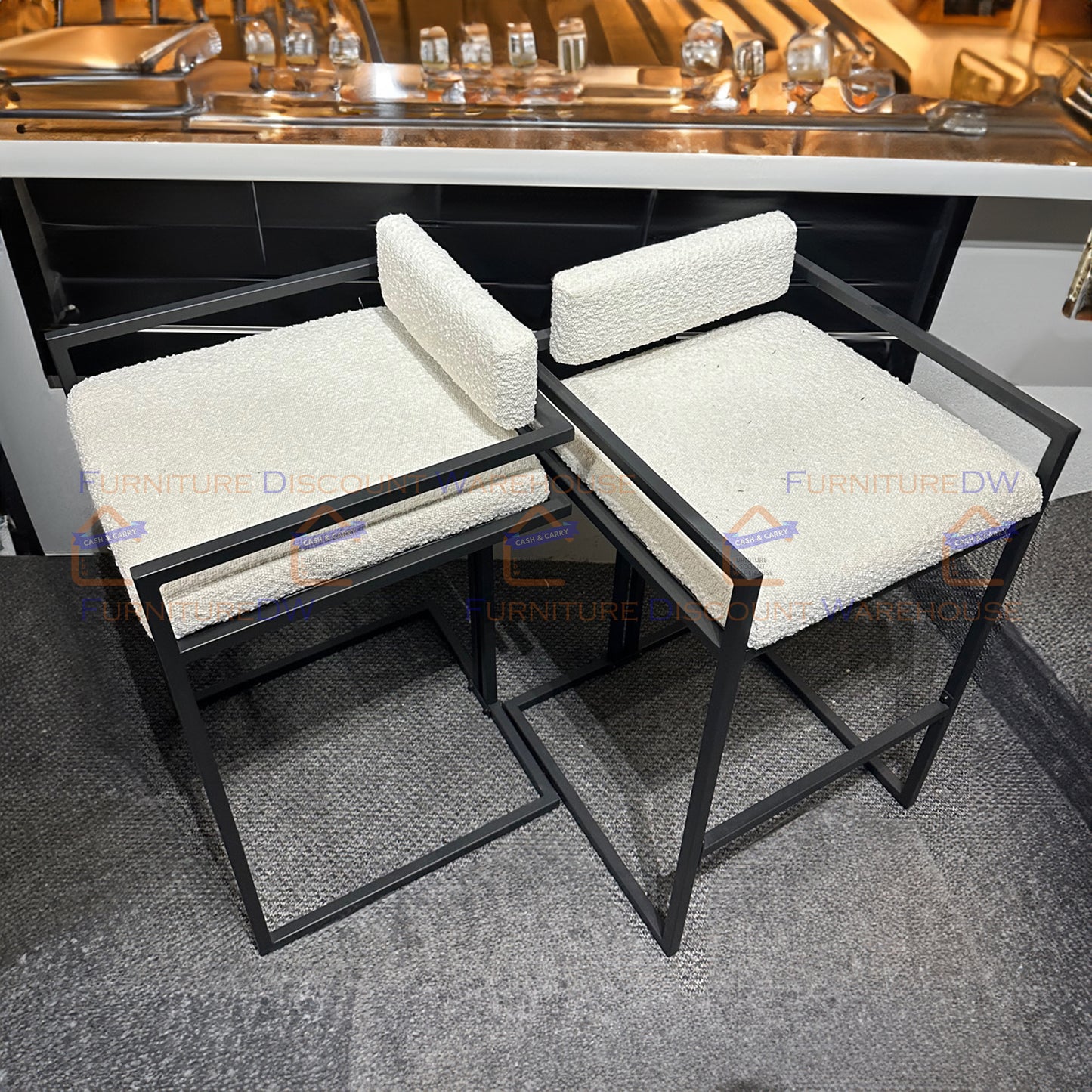 Zebra Boucle White Cushion Barstool Chair - Black Metal