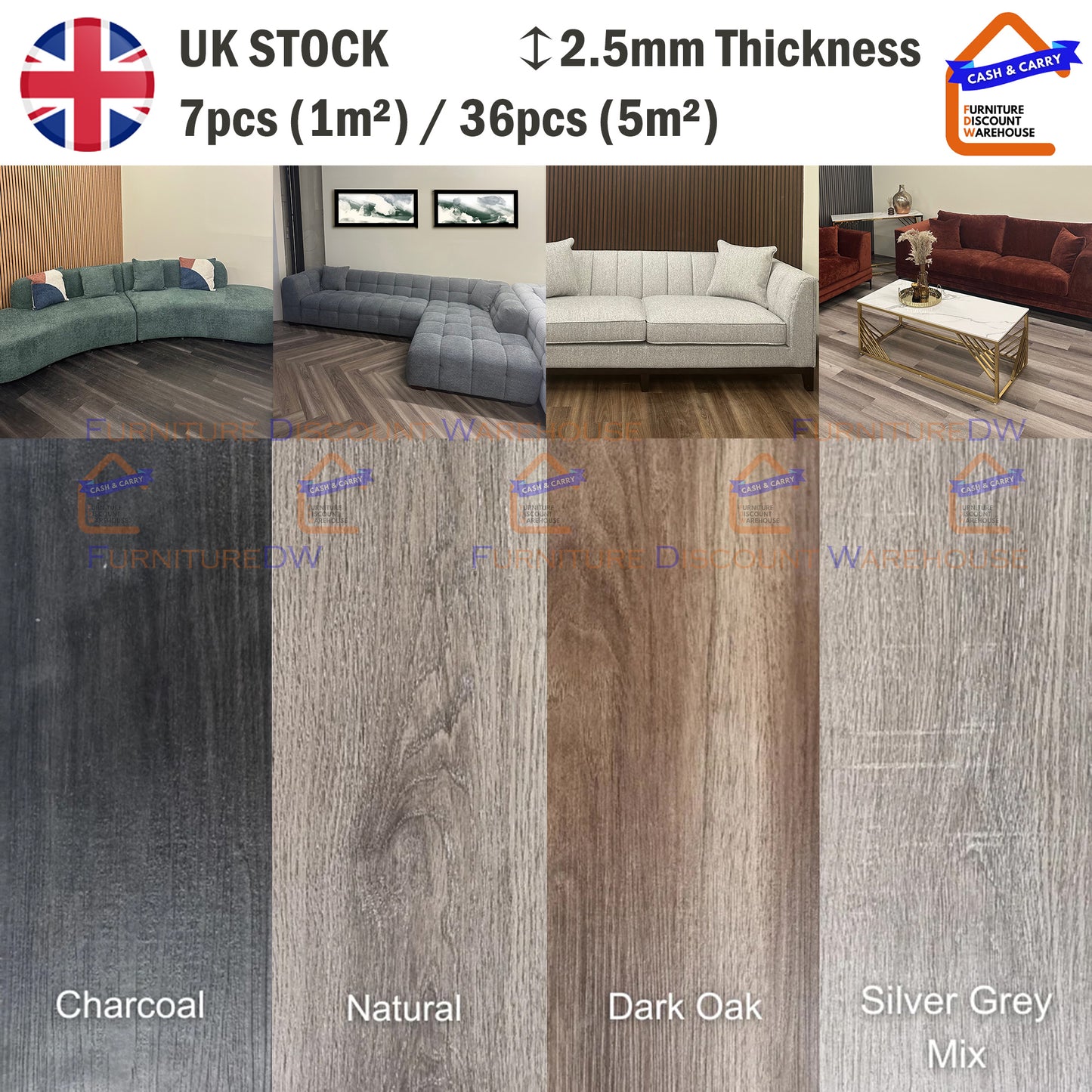 LVT Floor Planks Tiles Self Adhesive Vinyl Flooring - 4 Colours | 7pcs (1m²) / 36pcs (5m²)