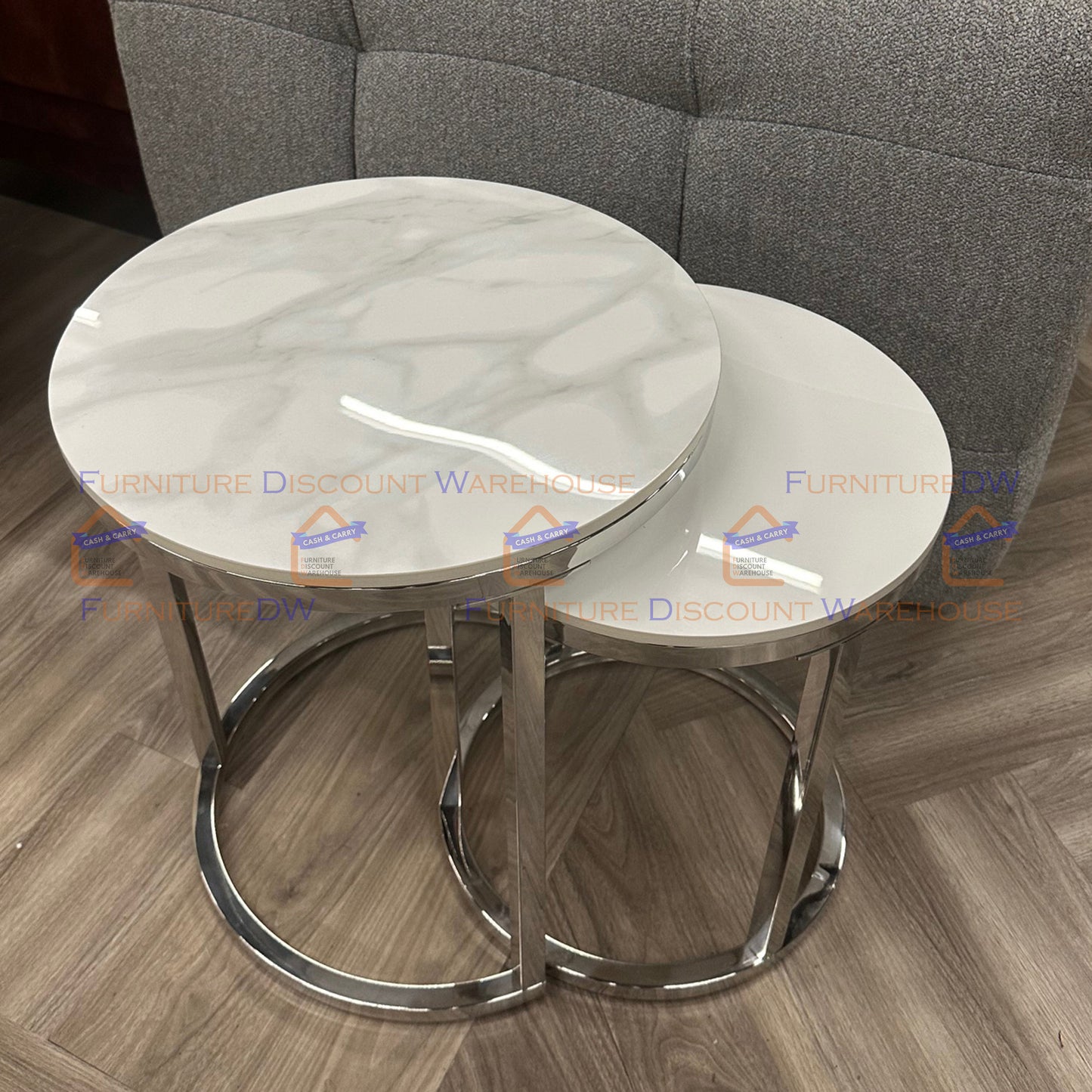Cato Nest of 2 Tall Chrome End Tables 45cm / 38cm - Polar White Sintered Stone Tops