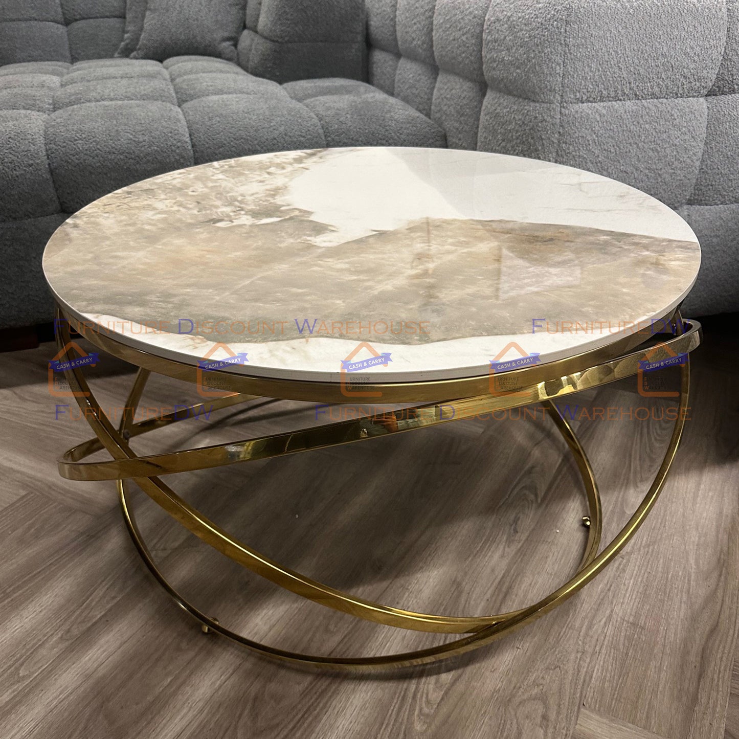 Spiro Gold Coffee Table 80cm - Circle Stand Cream Sintered Stone