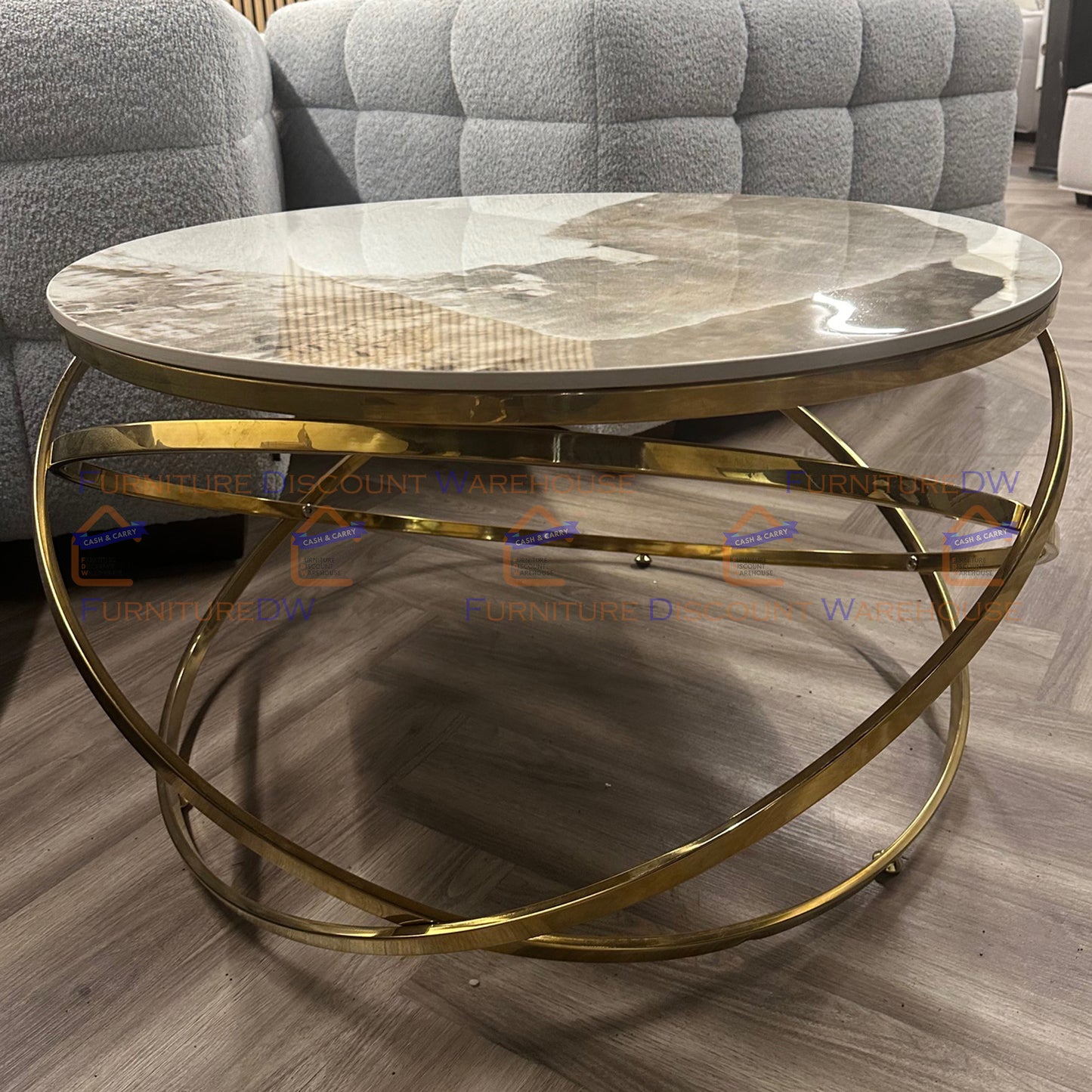 Spiro Gold Coffee Table 80cm - Circle Stand Cream Sintered Stone