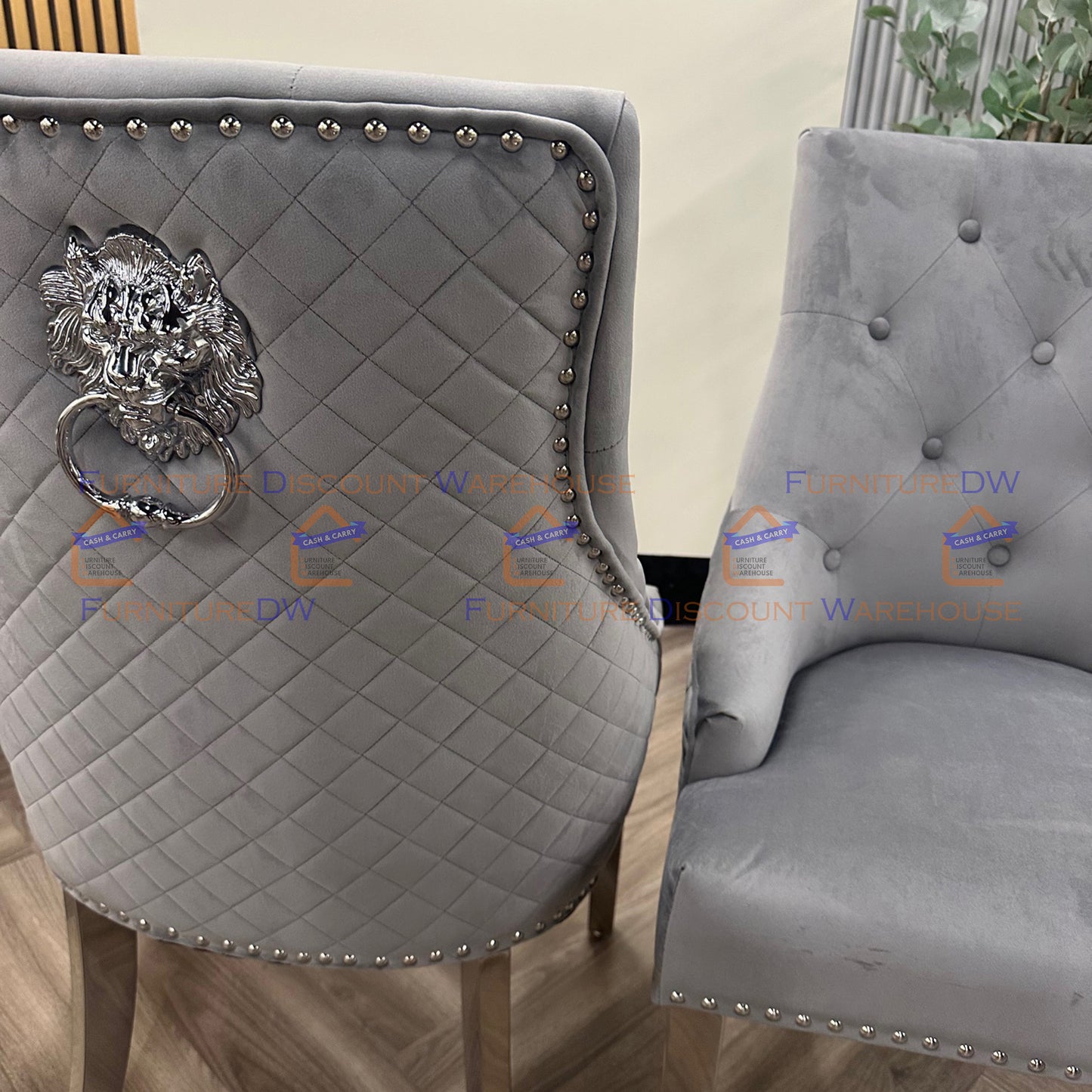 Bentley Velvet Dining Chair | Chrome Legs with Lion Knocker & Quilted Back - Black | Cream | Beige | Dark Grey | Grey Shimmer