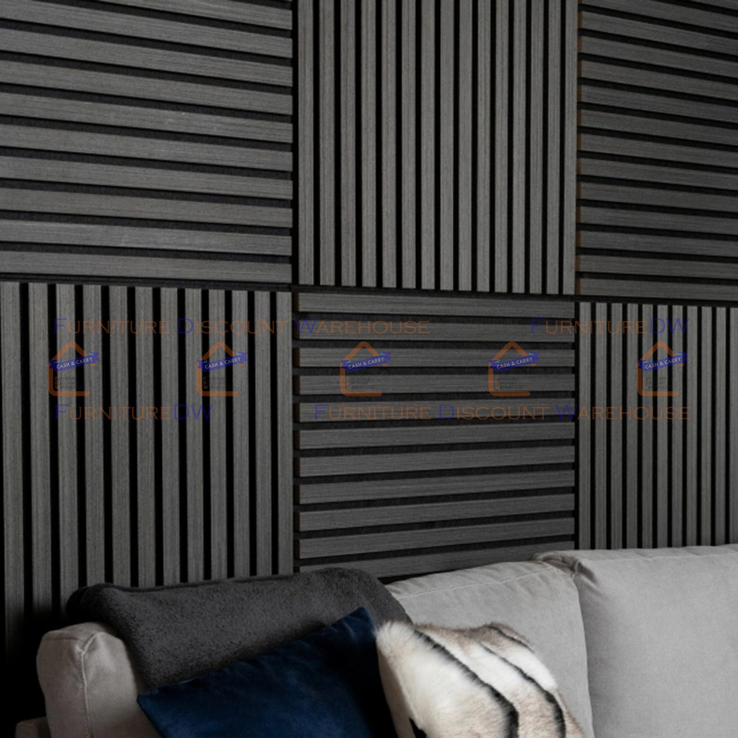 Square Wood Acoustic MDF Slatted Wall Panels - 4 Colours | Natural Oak / Walnut / Ash Grey / Charcoal Black
