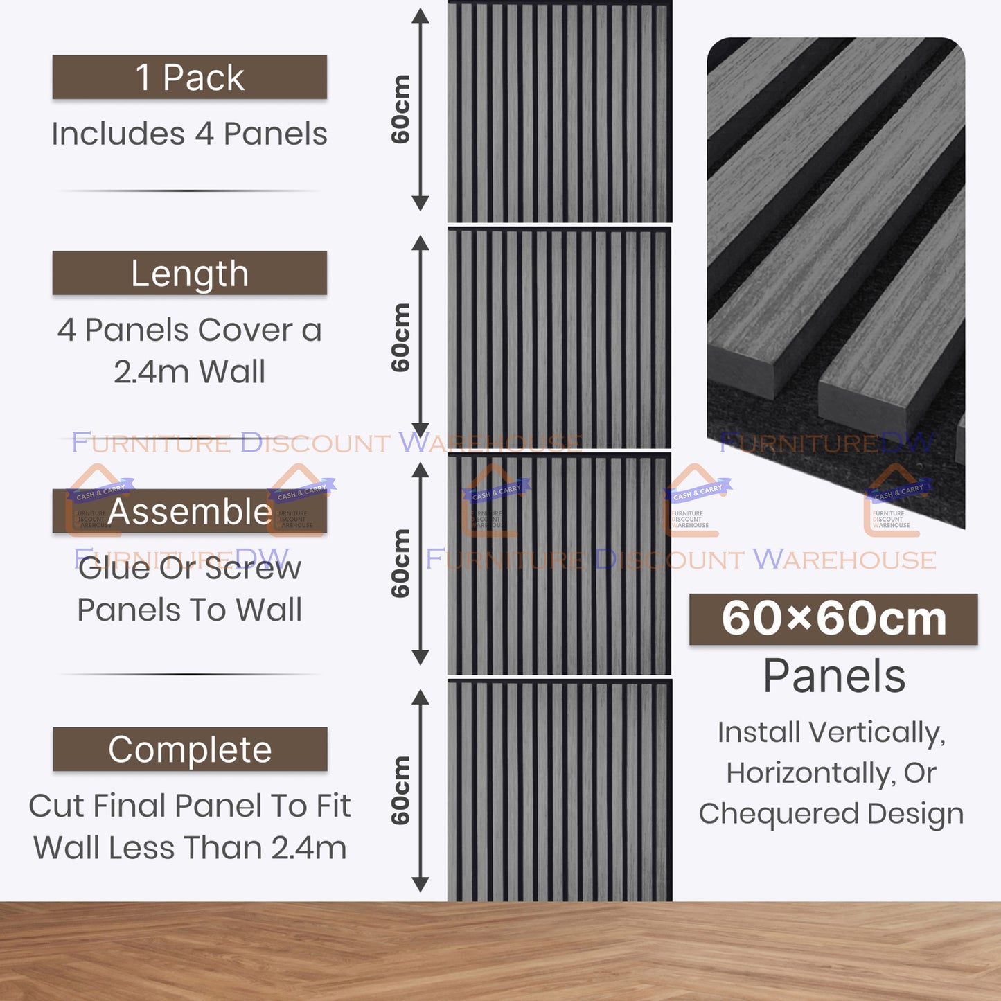 Square Wood Acoustic MDF Slatted Wall Panels - 4 Colours | Natural Oak / Walnut / Ash Grey / Charcoal Black