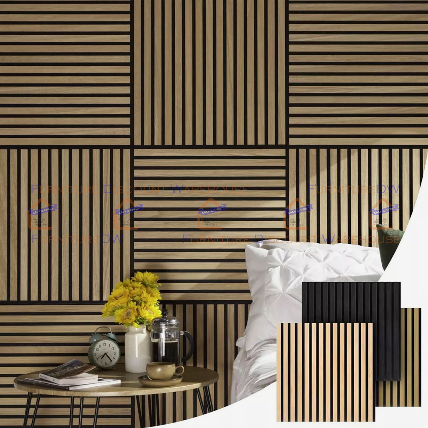 Square Wood Acoustic MDF Slatted Wall Panels - 4 Colours | Natural Oak / Walnut / Ash Grey / Charcoal Black