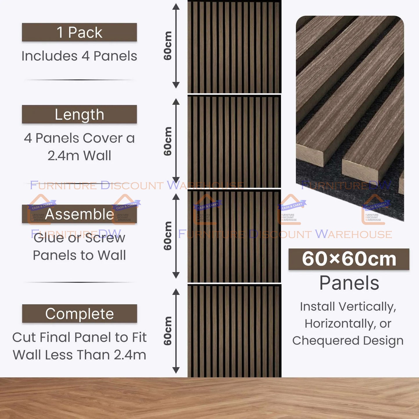 Square Wood Acoustic MDF Slatted Wall Panels - 4 Colours | Natural Oak / Walnut / Ash Grey / Charcoal Black