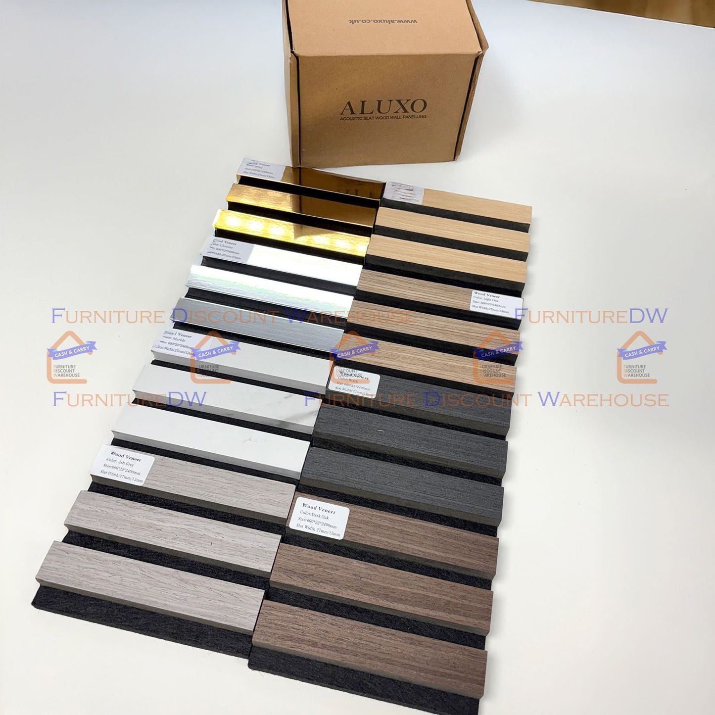 2400x600mm Wood Acoustic MDF Slatted Wall Panels - 8 Colours | Light Oak / Natural Oak / Walnut / Ash Grey / Black / White Marble / Silver / Gold