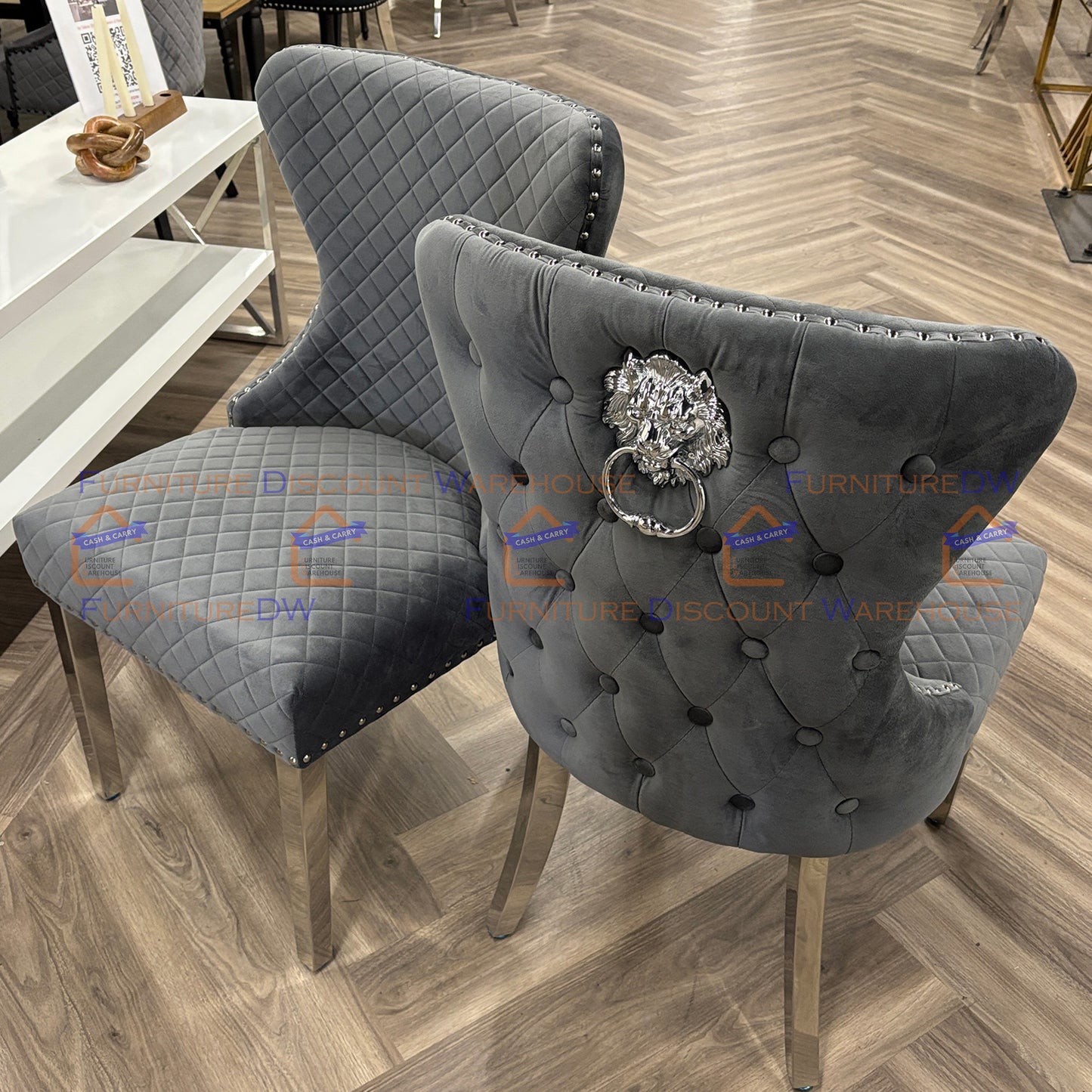 Chelsea Velvet Dining Chair | Chrome Legs with Lion Knocker & Buttoned Back - Dark Grey | Beige Shimmer