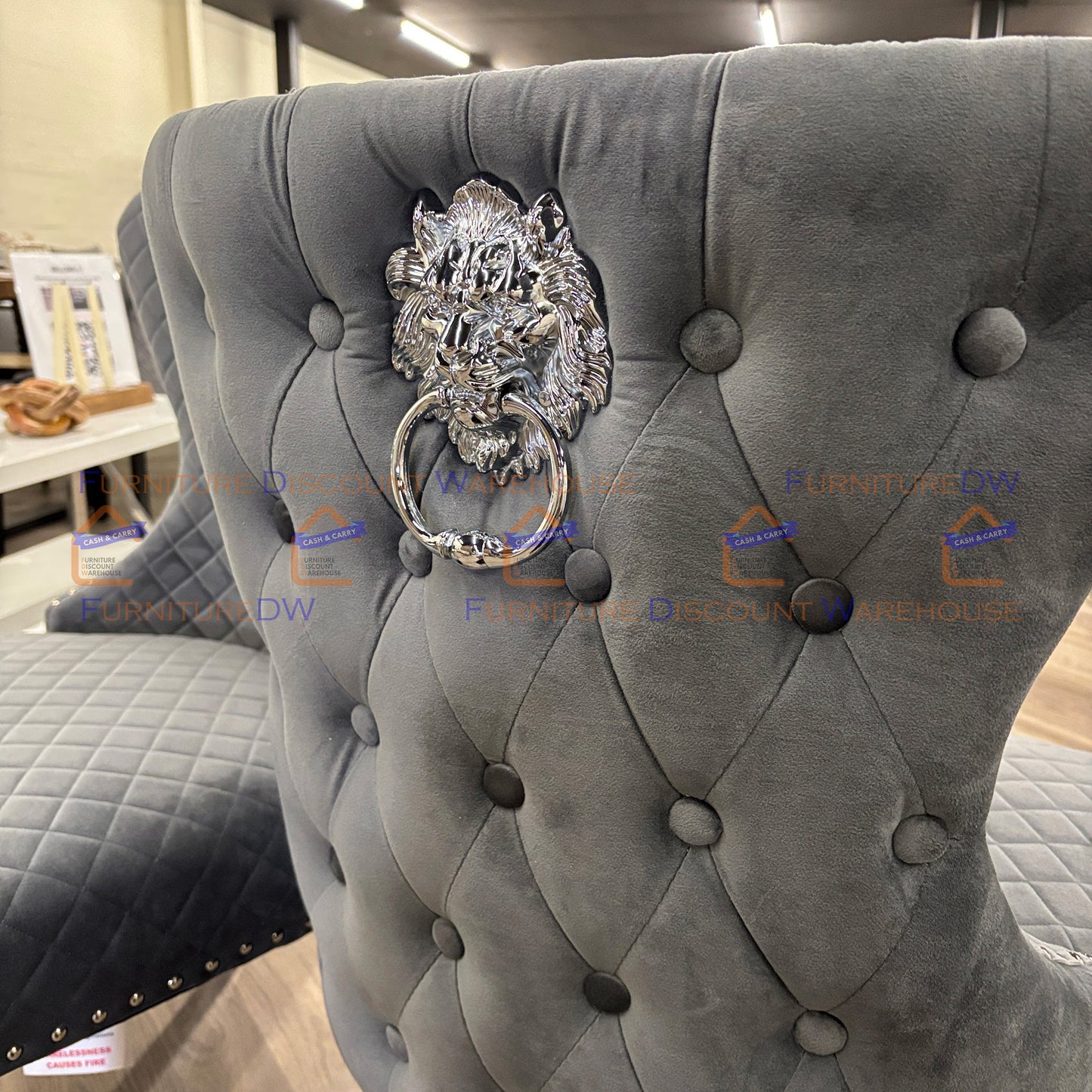 Chelsea Velvet Dining Chair | Chrome Legs with Lion Knocker & Buttoned Back - Dark Grey | Beige Shimmer
