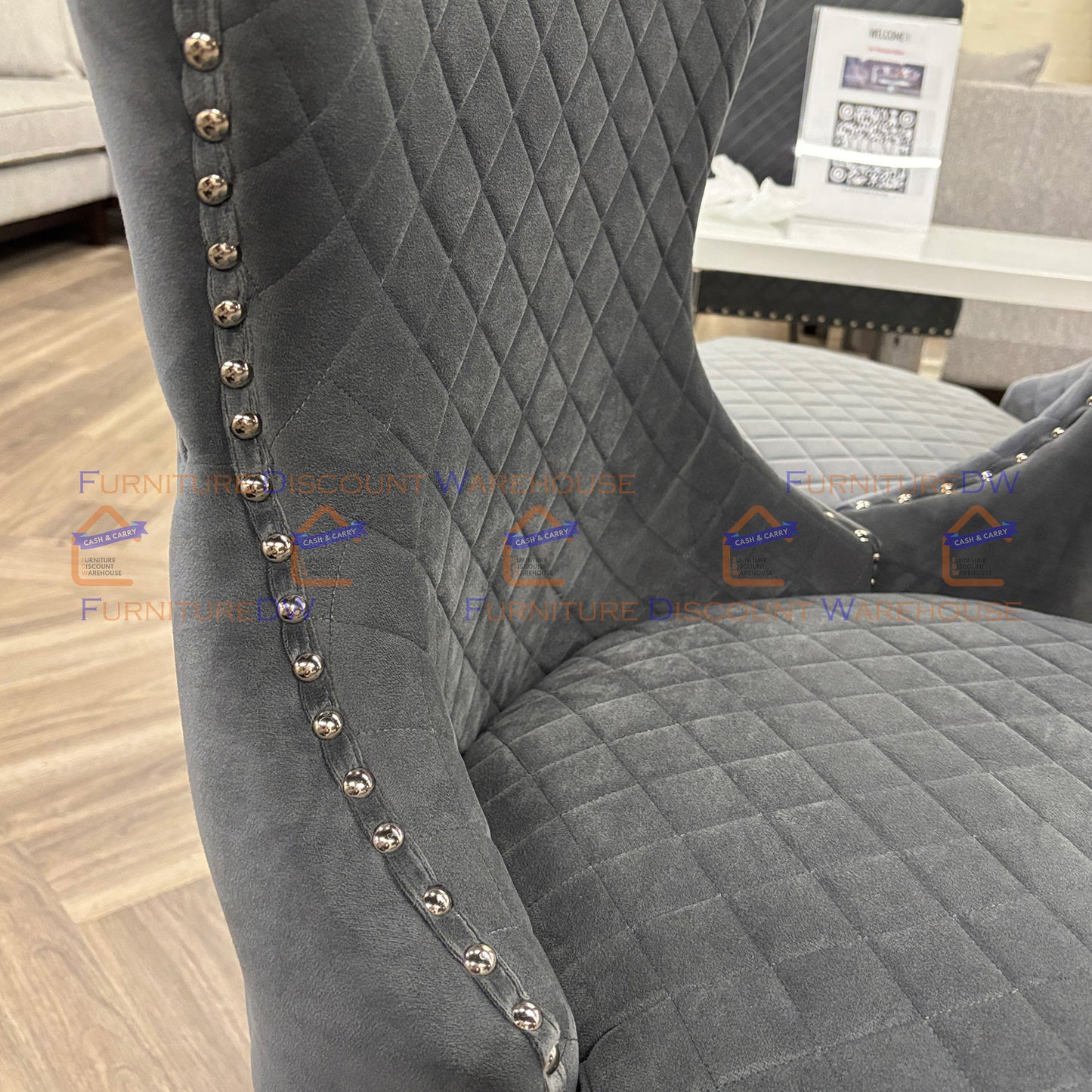 Chelsea Velvet Dining Chair | Chrome Legs with Lion Knocker & Buttoned Back - Dark Grey | Beige Shimmer