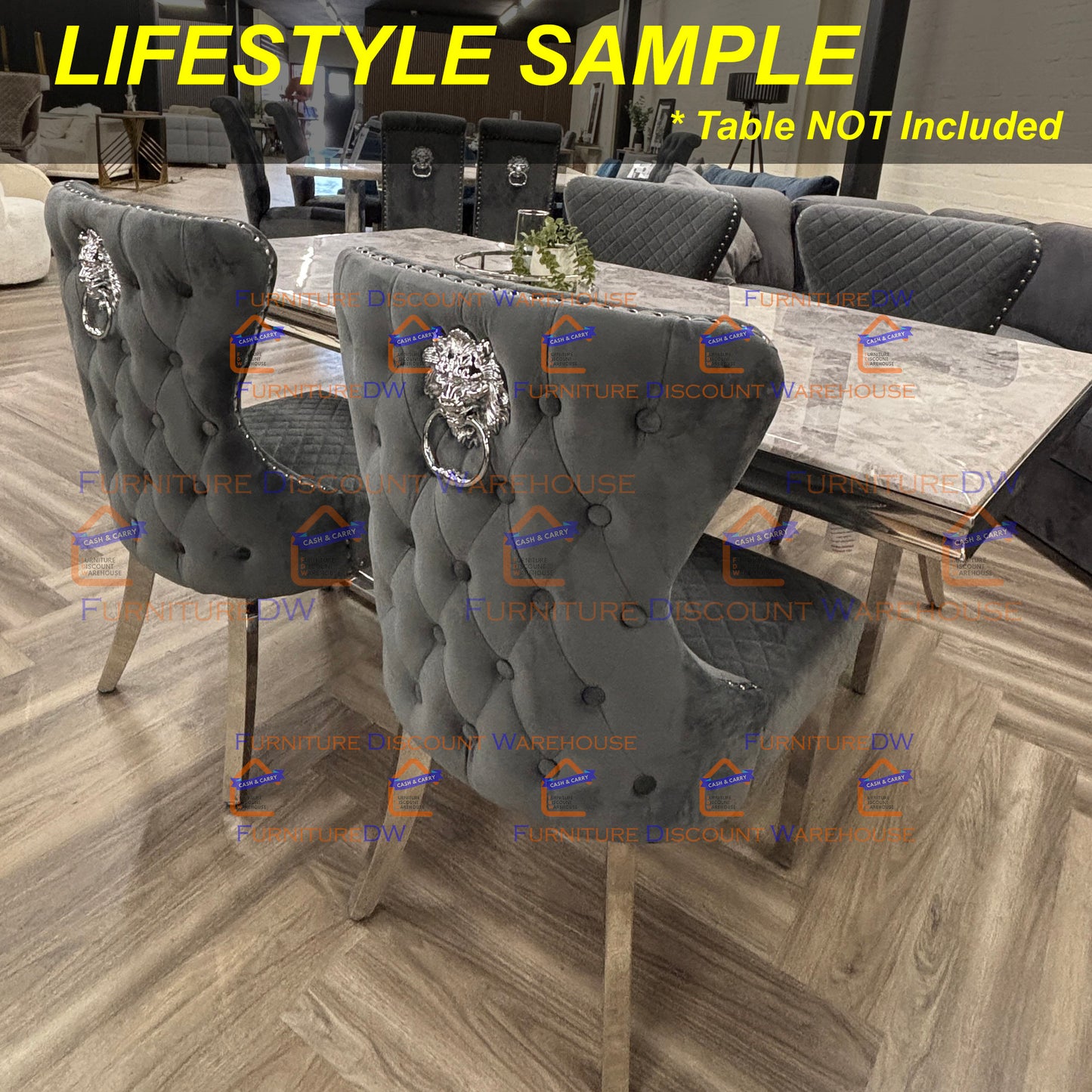 Chelsea Velvet Dining Chair | Chrome Legs with Lion Knocker & Buttoned Back - Dark Grey | Beige Shimmer