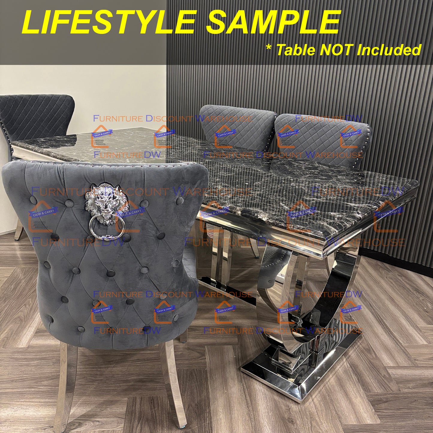 Chelsea Velvet Dining Chair | Chrome Legs with Lion Knocker & Buttoned Back - Dark Grey | Beige Shimmer