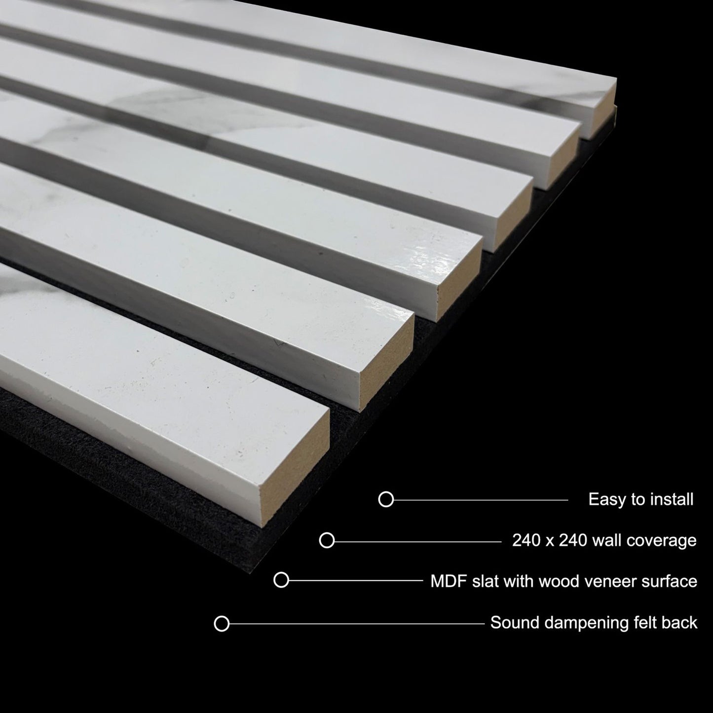 2400x600mm Wood Acoustic MDF Slatted Wall Panels - 8 Colours | Light Oak / Natural Oak / Walnut / Ash Grey / Black / White Marble / Silver / Gold