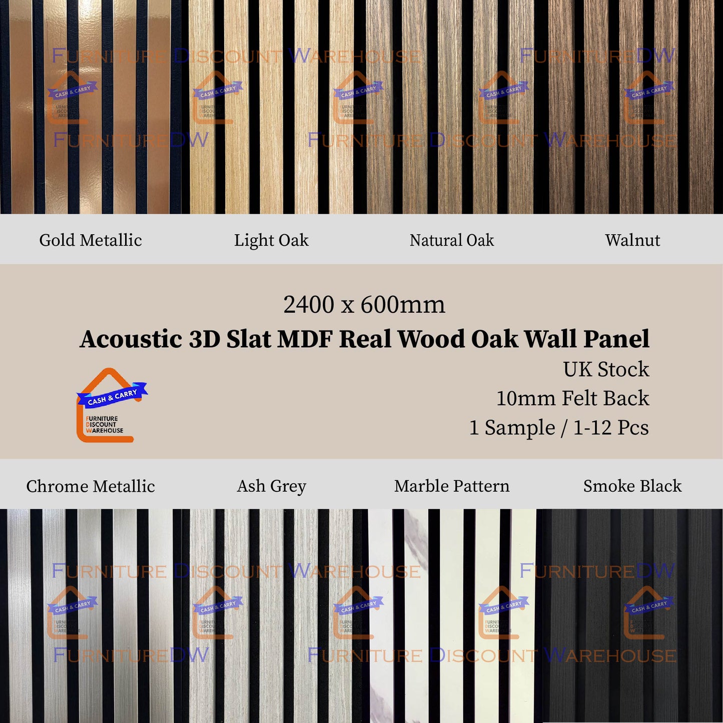 2400x600mm Wood Acoustic MDF Slatted Wall Panels - 8 Colours | Light Oak / Natural Oak / Walnut / Ash Grey / Black / White Marble / Silver / Gold