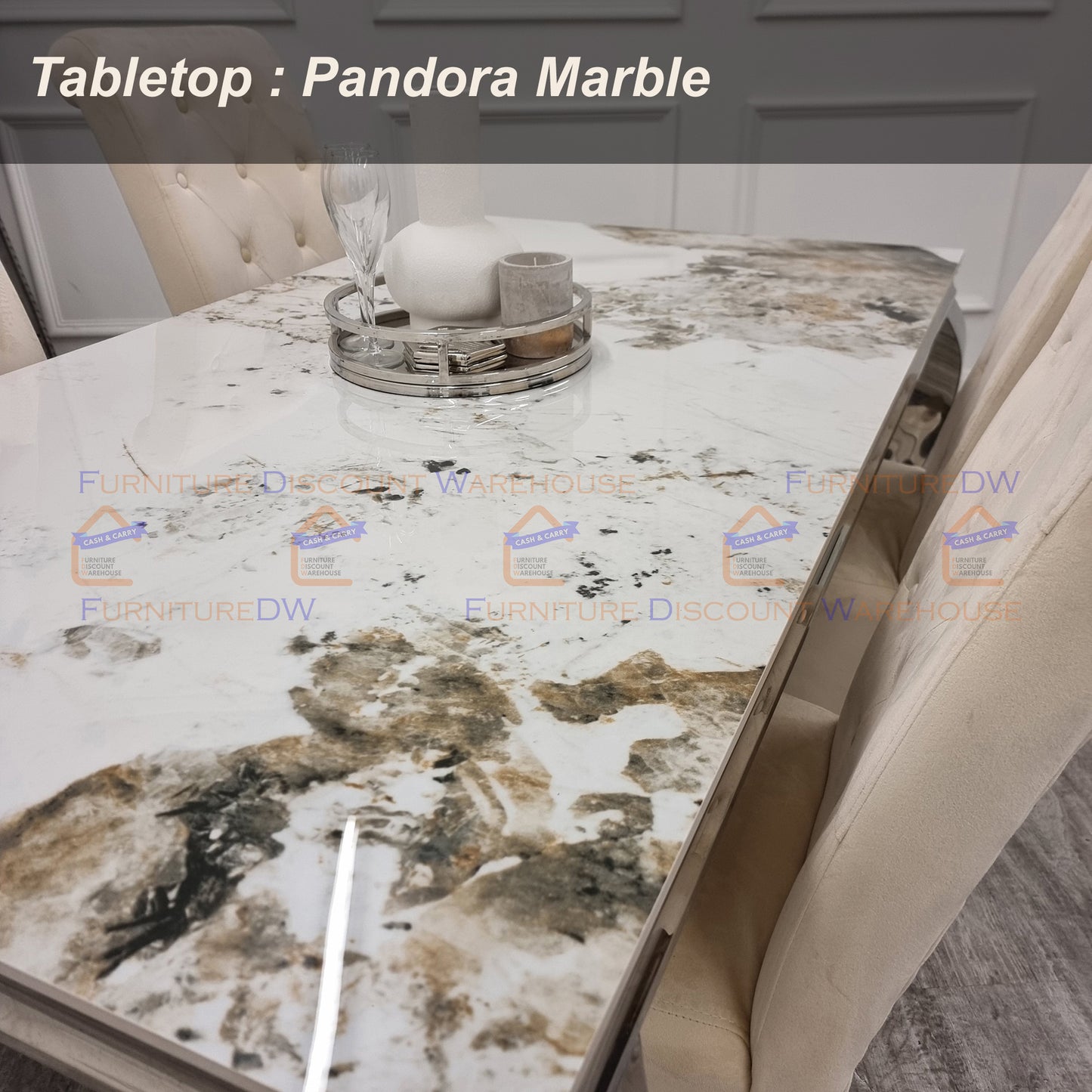 Arriana Chrome Coffee Table 1.3m - Marble | Sintered Stone | Tempered Glass Top