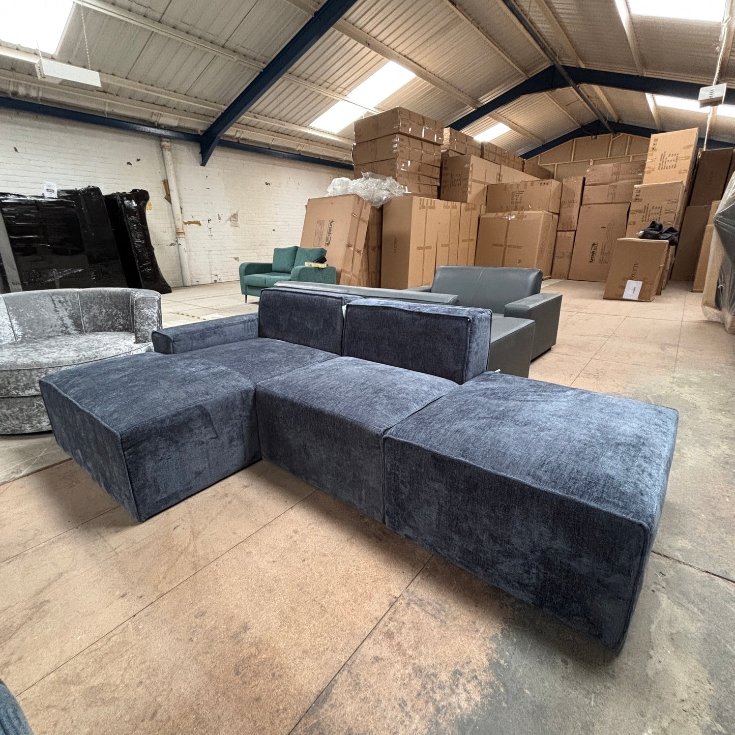 CLEARANCE - Atlanta Chenille Left Hand Corner 3 to 4 Seater Sofa - Blue Textured