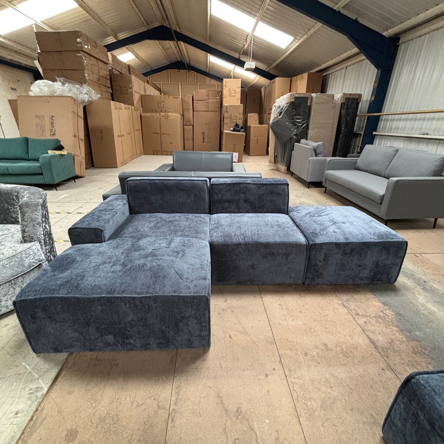 CLEARANCE - Atlanta Chenille Left Hand Corner 3 to 4 Seater Sofa - Blue Textured
