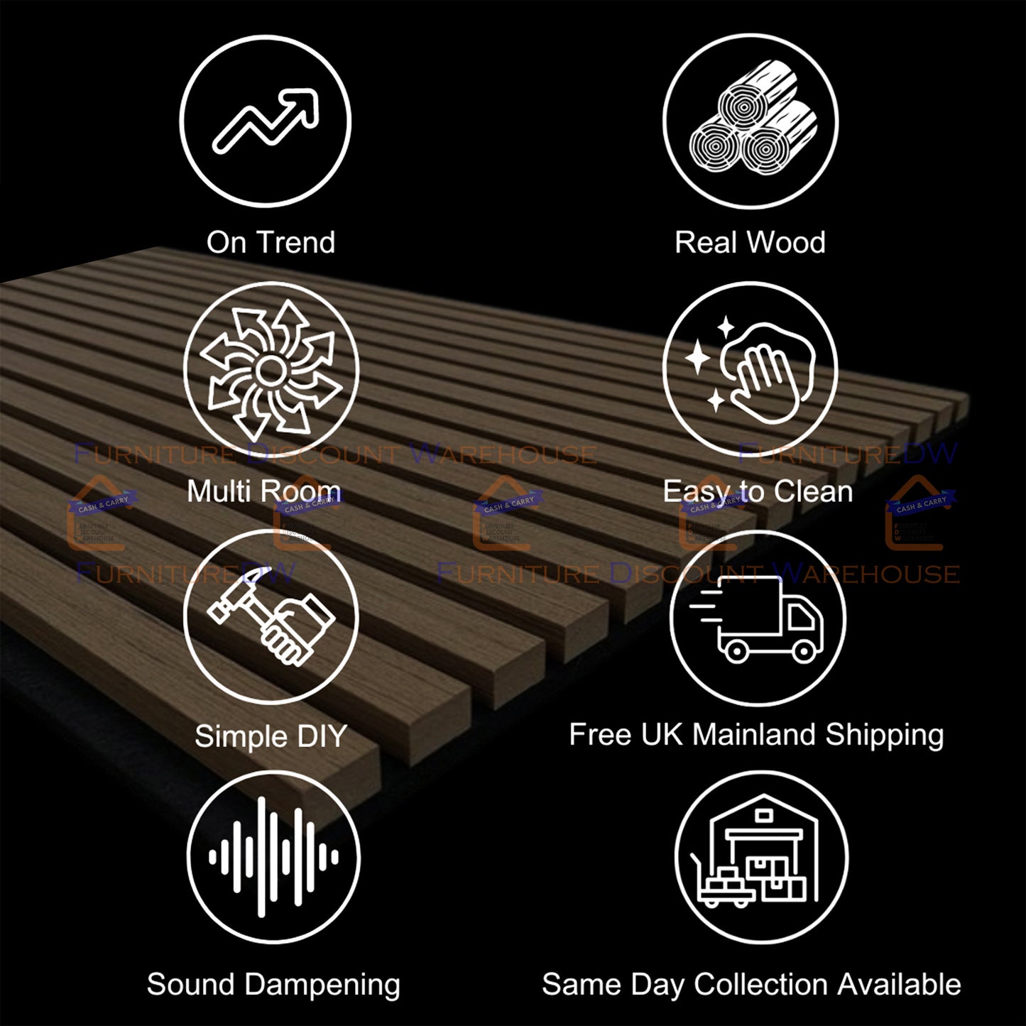 Square Wood Acoustic MDF Slatted Wall Panels - 4 Colours | Natural Oak / Walnut / Ash Grey / Charcoal Black