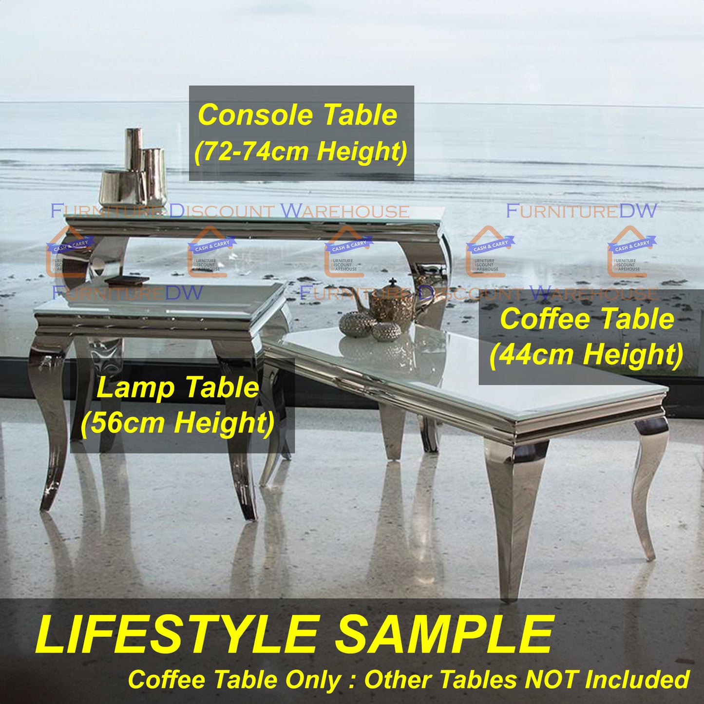 Louis Chrome Coffee Table 1.3m - Marble | Sintered Stone | Tempered Glass Top