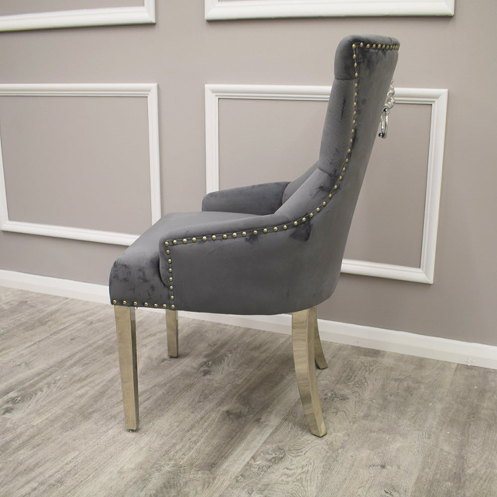 Megan Velvet Dining Chair | Chrome Legs with Plain Back & Lion Knocker - Light Grey | Dark Grey