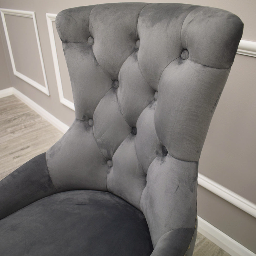 Megan Velvet Dining Chair | Chrome Legs with Plain Back & Lion Knocker - Light Grey | Dark Grey