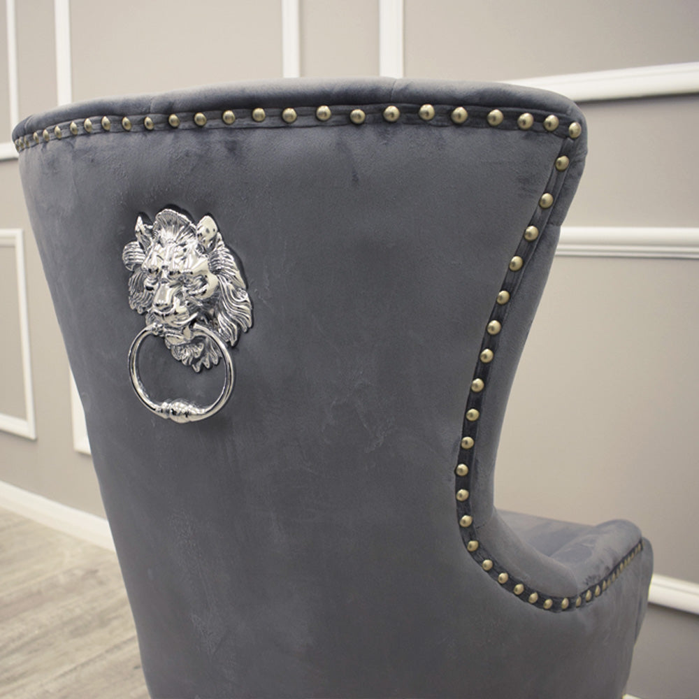 Megan Velvet Dining Chair | Chrome Legs with Plain Back & Lion Knocker - Light Grey | Dark Grey