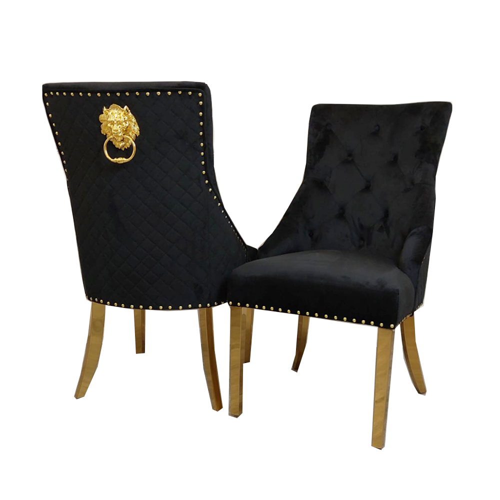 Bentley Velvet Dining Chair | Gold Legs with Lion Knocker & Quilted Back - Black | Light Grey | Cream | Beige