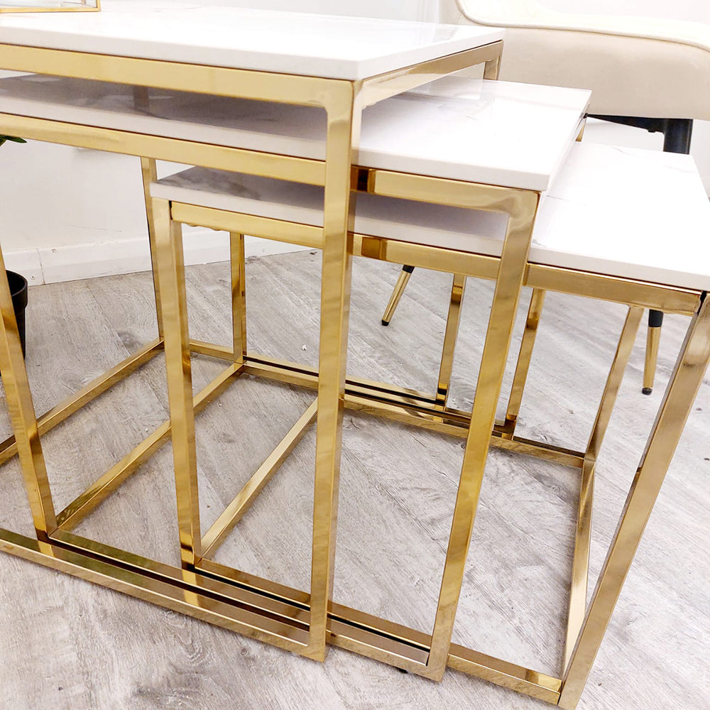 Cato Nest of 3 Square Coffee Tables 40-50cm - Polar White Sintered Stone Tops