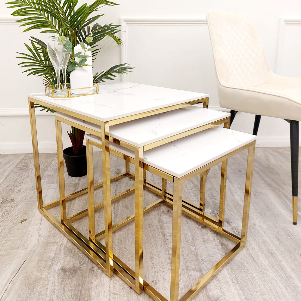 Cato Nest of 3 Square Coffee Tables 40-50cm - Polar White Sintered Stone Tops