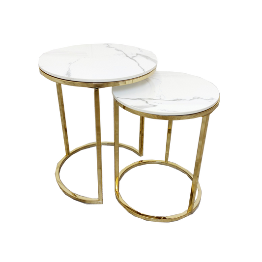 Cato Nest of 2 Tall Gold End Tables 45cm / 38cm - Polar White Sintered Stone Tops