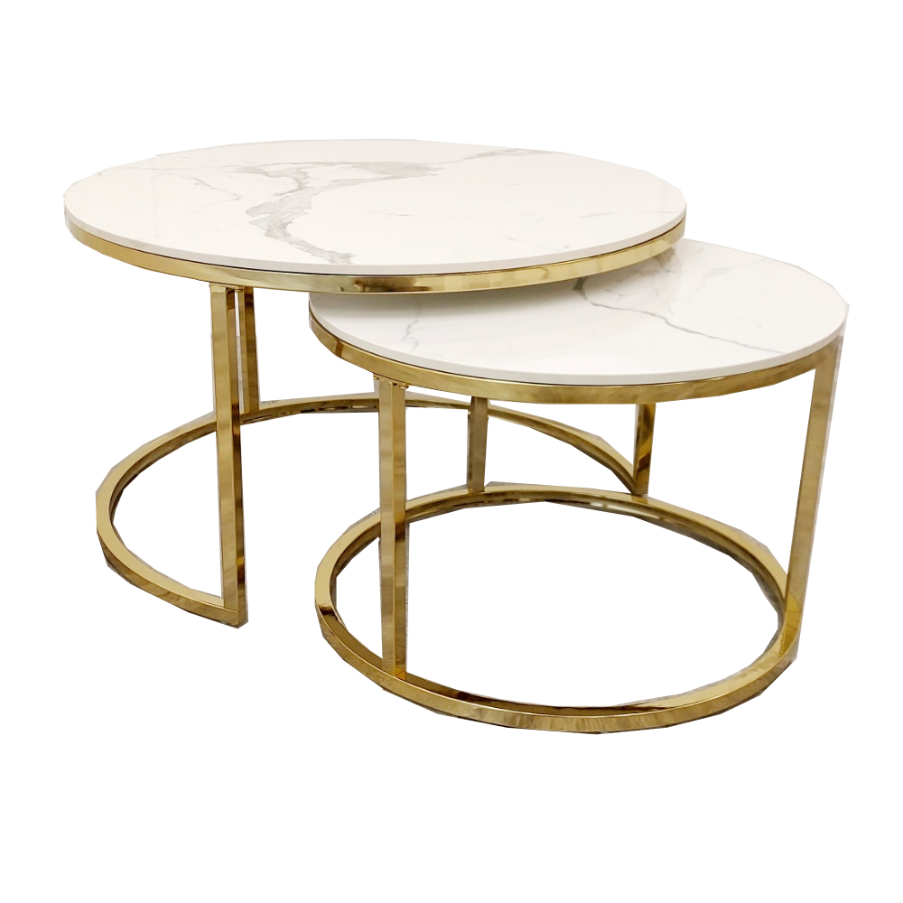 Cato Nest of 2 Short Round Gold Coffee Tables 80cm / 60cm - Polar White Sintered Stone Tops