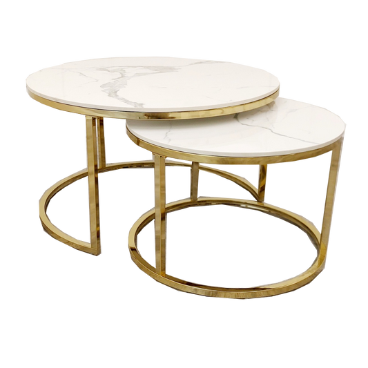 Cato Nest of 2 Short Round Gold Coffee Tables 80cm / 60cm - Polar White Sintered Stone Tops