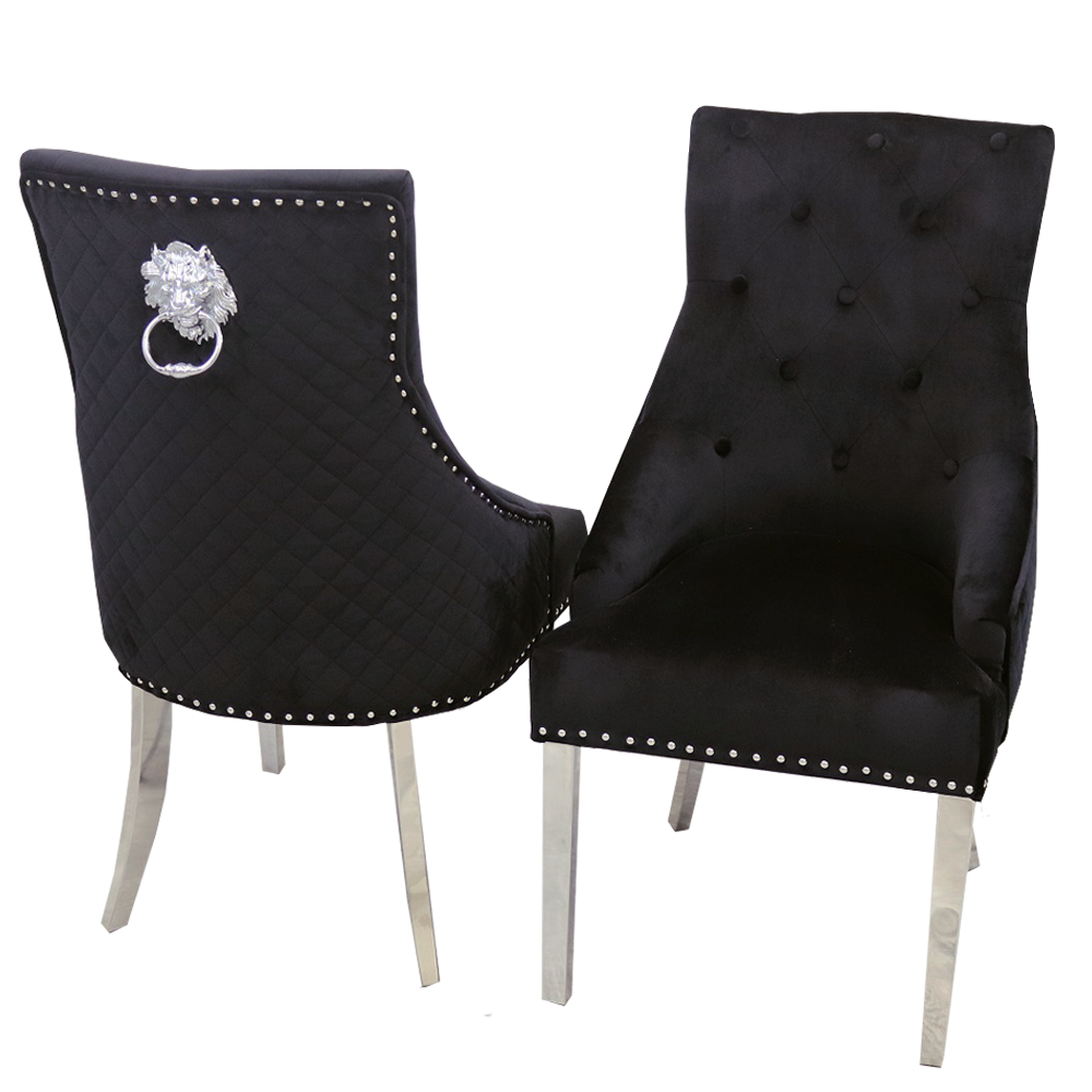 Bentley Dining Chair with Lion Knocker in Black Velvet