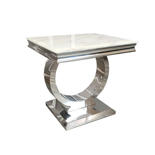 Arriana Chrome Lamp Table 60cm - Marble | Tempered Glass Top