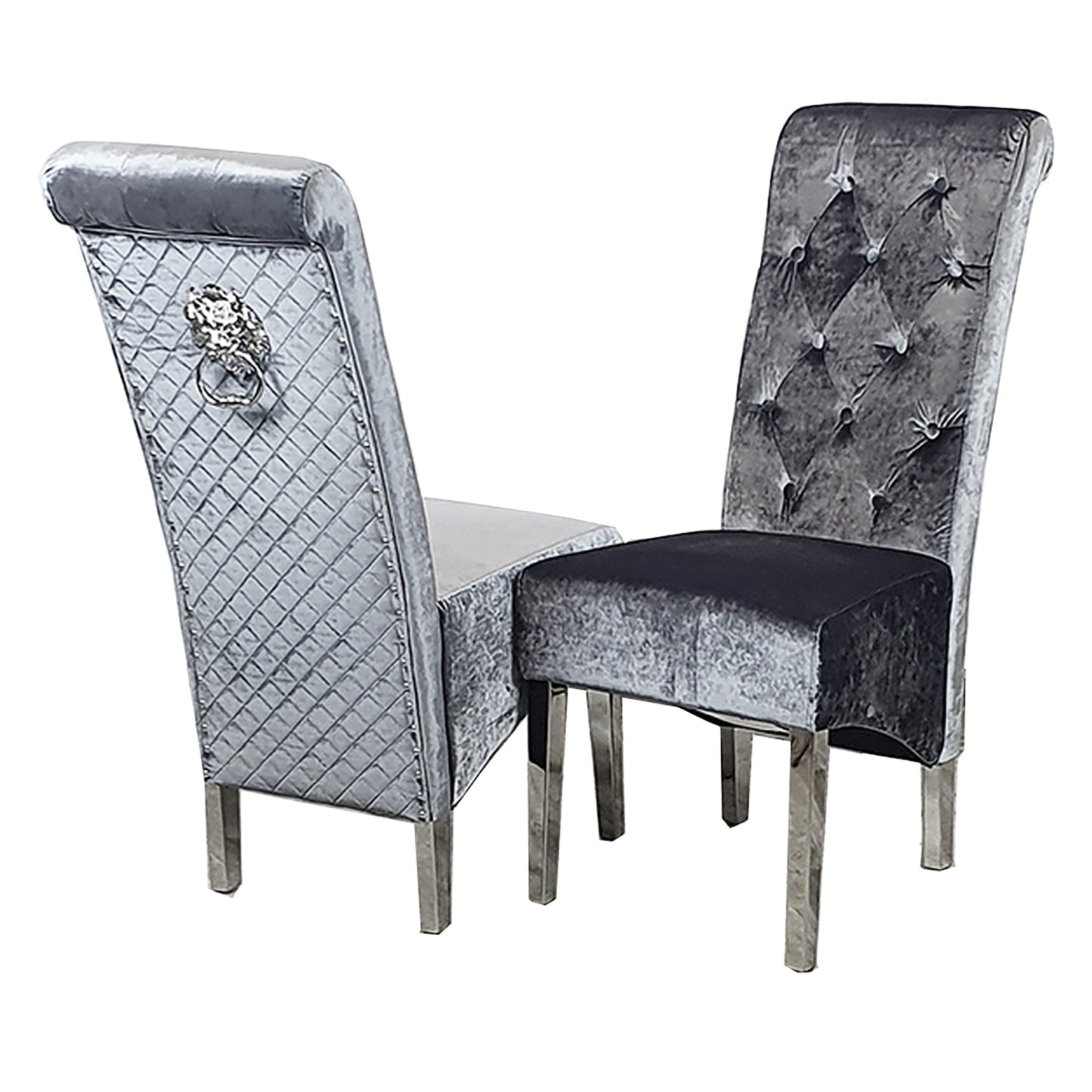 Emma Velvet Dining Chair | Chrome Legs with Lion Knocker & Quilted Back - Black | Cream | Dark Grey | Grey Shimmer