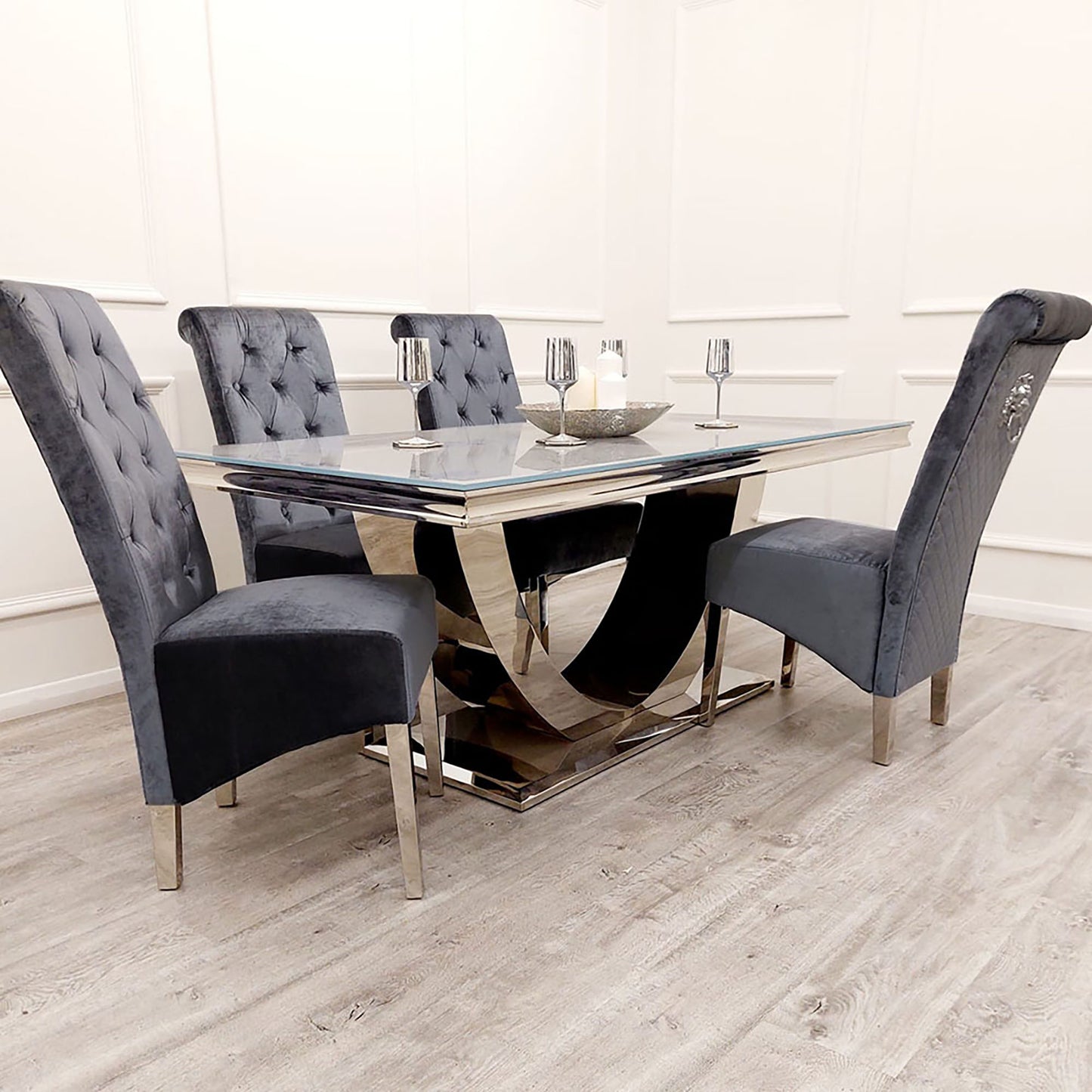 Emma Velvet Dining Chair | Chrome Legs with Lion Knocker & Quilted Back - Black | Cream | Dark Grey | Grey Shimmer