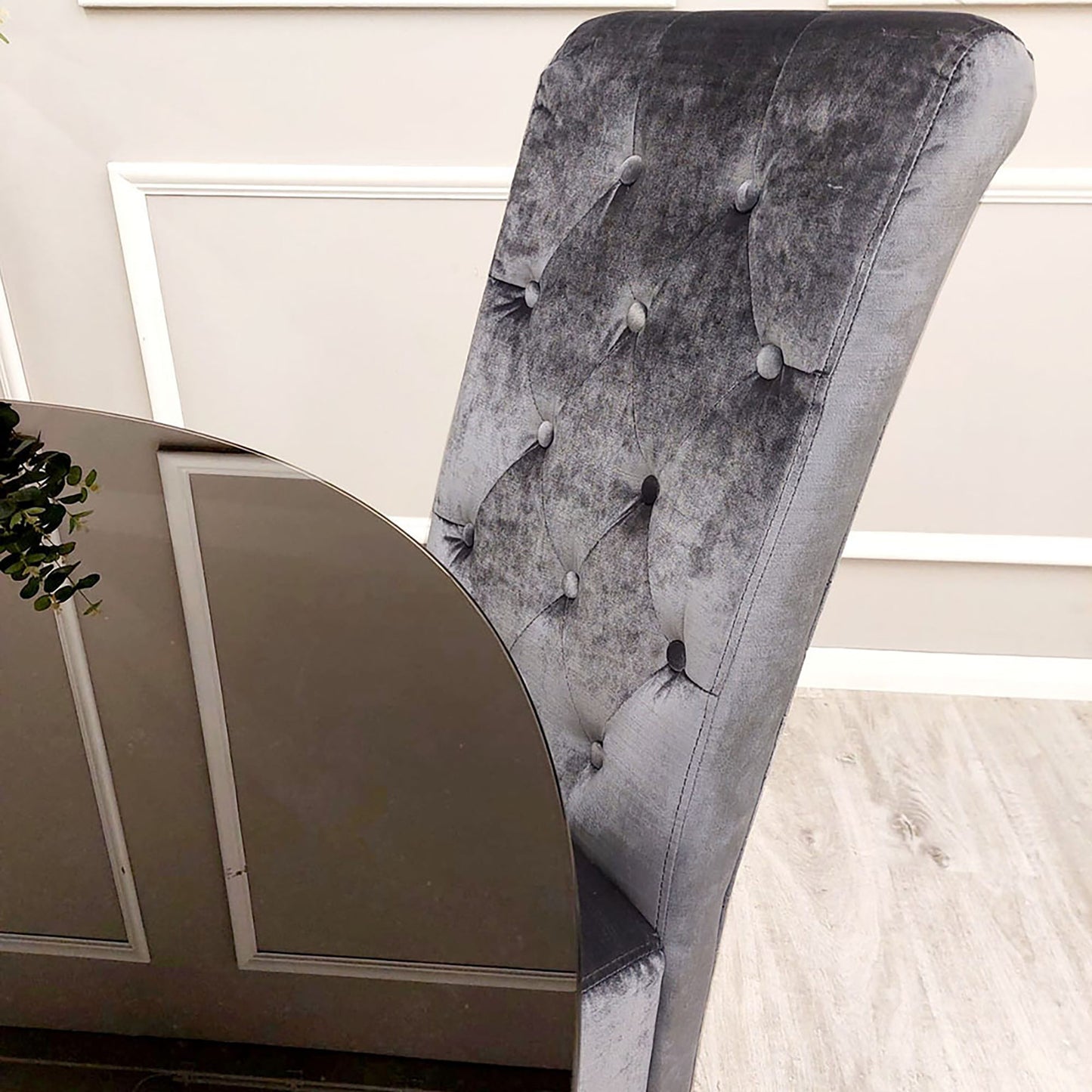 Emma Velvet Dining Chair | Chrome Legs with Lion Knocker & Quilted Back - Black | Cream | Dark Grey | Grey Shimmer