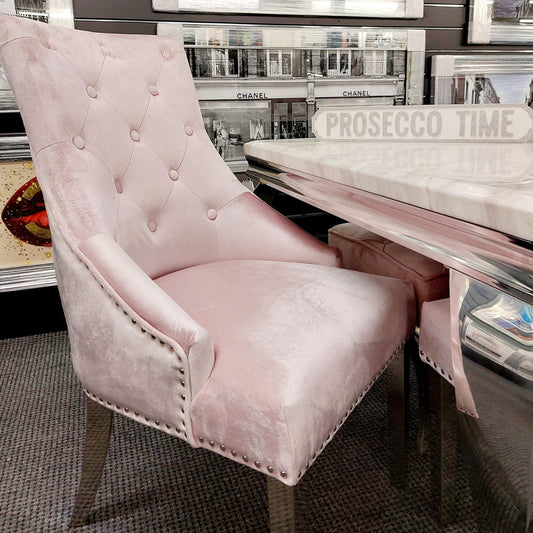 Duke Velvet Dining Chair | Chrome Legs with Plain Knocker & Ring Back - Pink